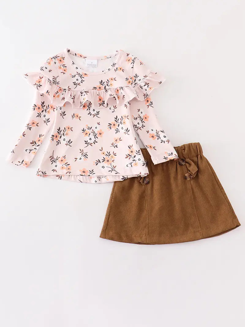 Beige Floral Print Ruffle Girl Skirt Set - Loch and Ali's Children's Boutique