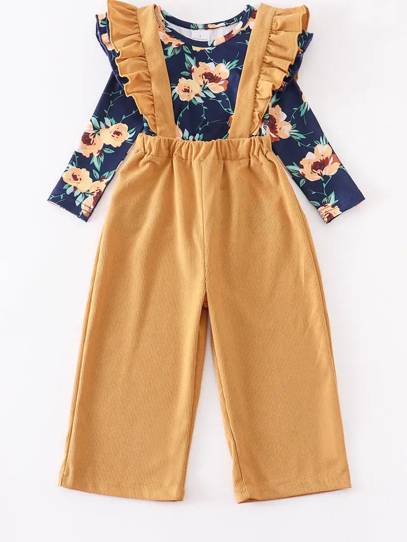 Mustard Floral Strap Ruffle Girl Set - Loch and Ali's Children's Boutique