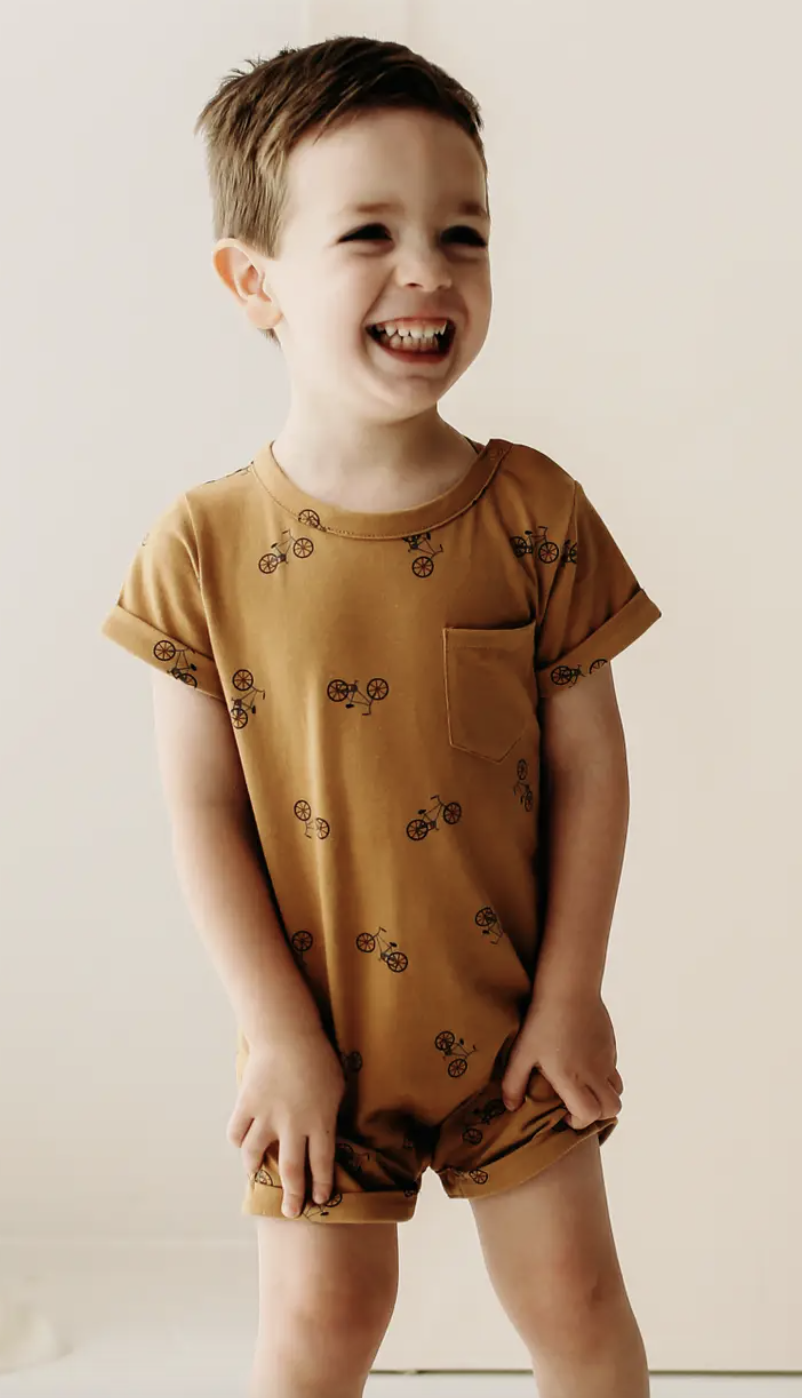Short Sleeve Romper- Bikes- Saffron