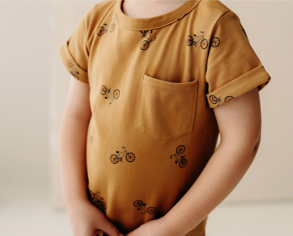 Short Sleeve Romper- Bikes- Saffron